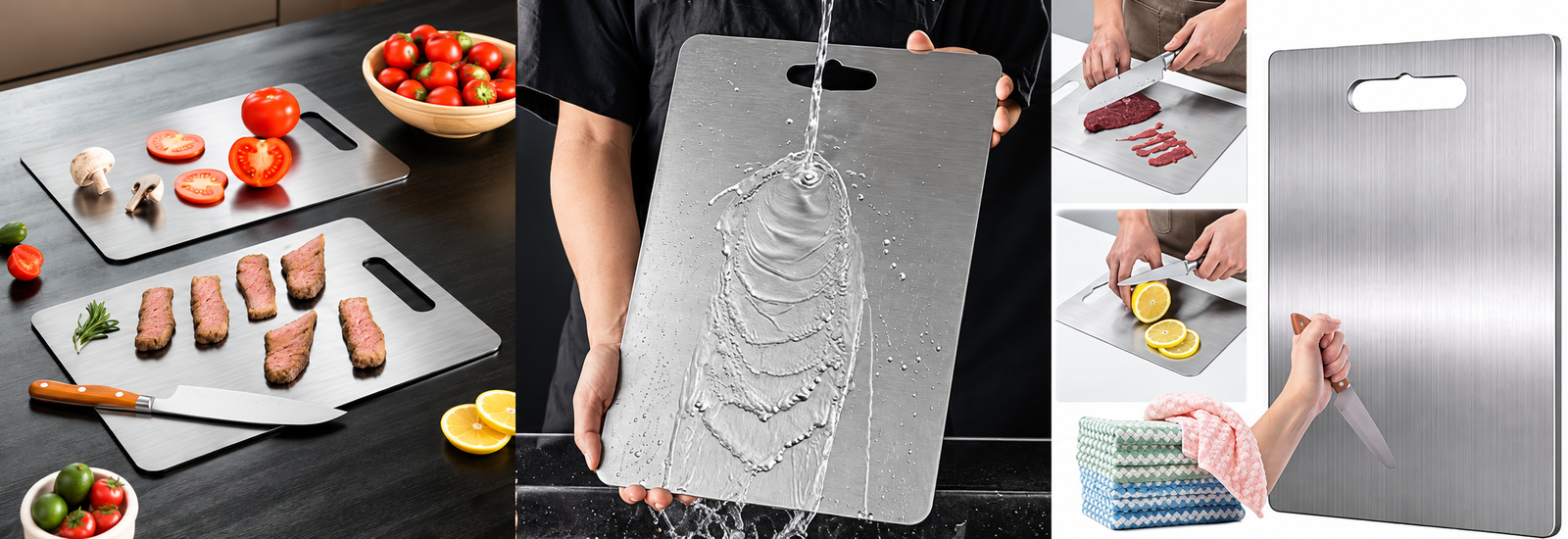 Katori titanium cutting boards used for food preparation and rinsed under running water